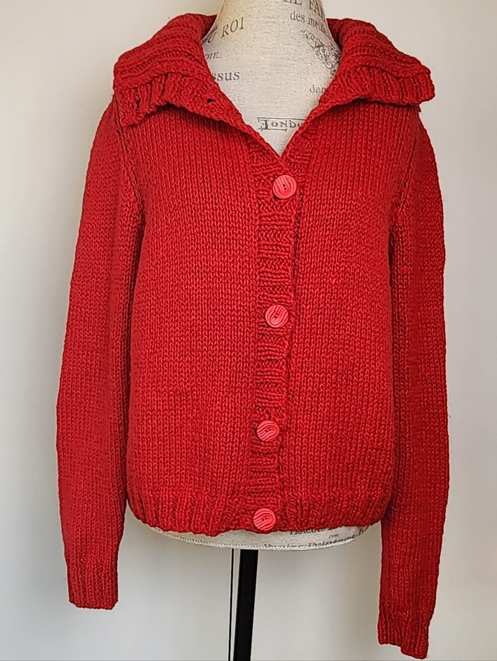 Cherry Red Handknit Cardigan Sweater